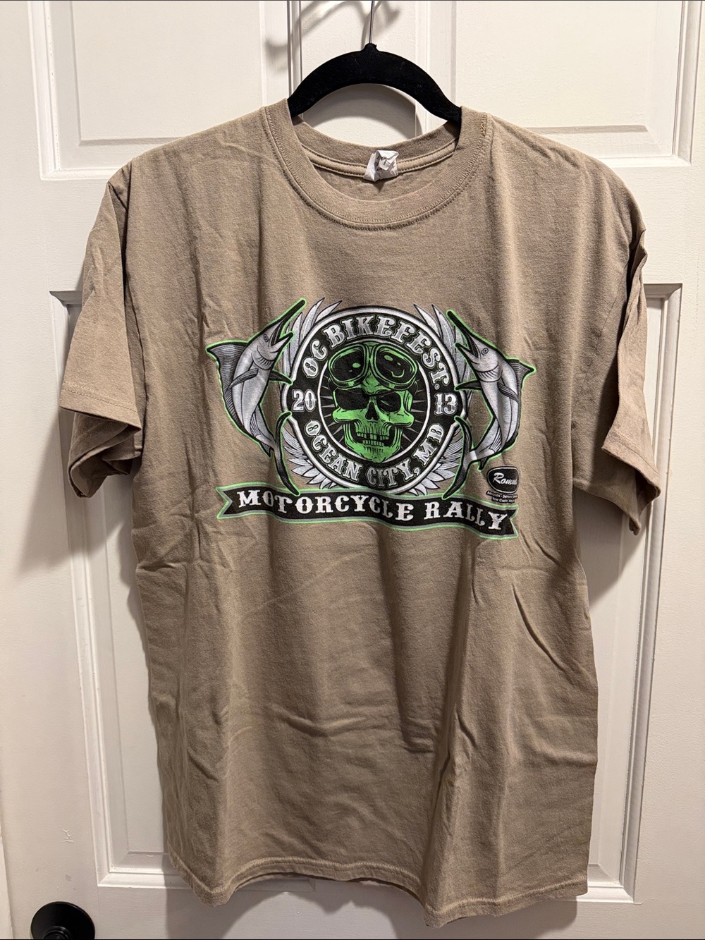 Anvil Tan Short-Sleeve Tee with Green Skull Motorcycle Graphic